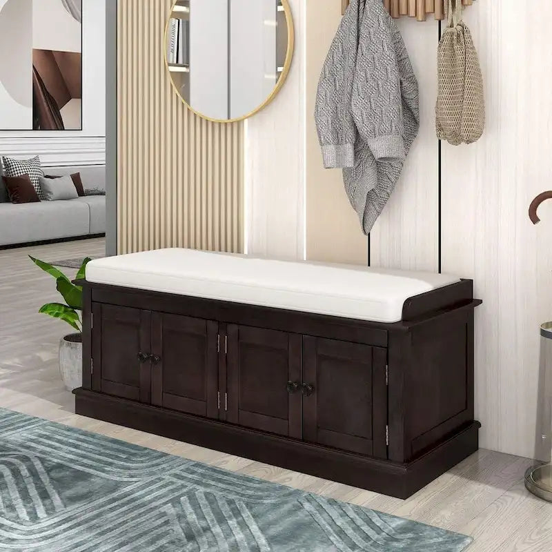 42.70 Banc de rangement rembourré polyvalent et moderne pour entrée avec 4 portes, étagères réglables et range-chaussures