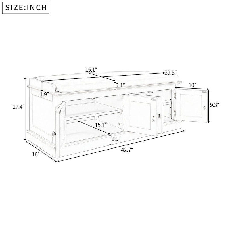 42.70 Banc de rangement rembourré polyvalent et moderne pour entrée avec 4 portes, étagères réglables et range-chaussures