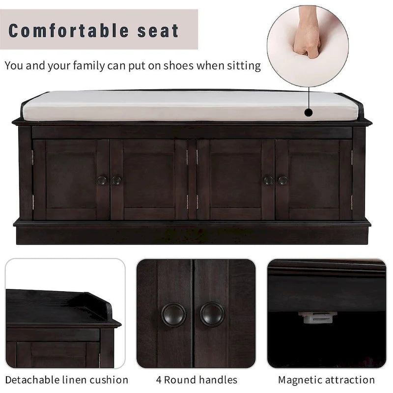 42.70 Banc de rangement rembourré polyvalent et moderne pour entrée avec 4 portes, étagères réglables et range-chaussures