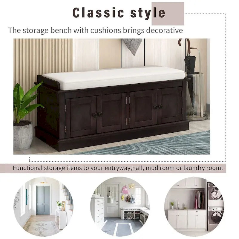 42.70 Banc de rangement rembourré polyvalent et moderne pour entrée avec 4 portes, étagères réglables et range-chaussures