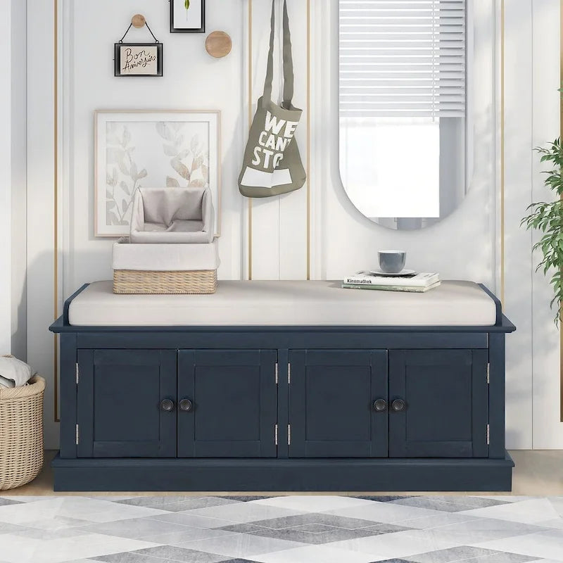 42.70 Banc de rangement rembourré polyvalent et moderne pour entrée avec 4 portes, étagères réglables et range-chaussures