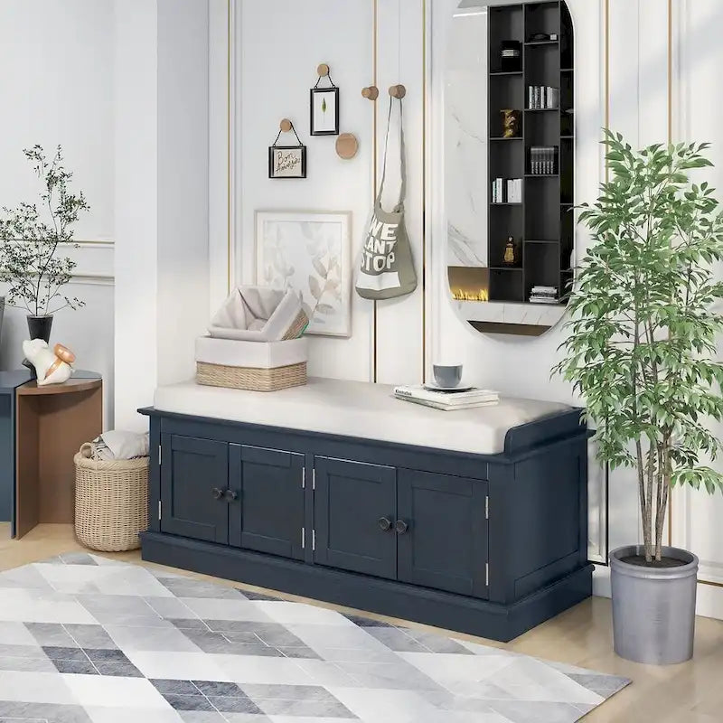 42.70 Banc de rangement rembourré polyvalent et moderne pour entrée avec 4 portes, étagères réglables et range-chaussures