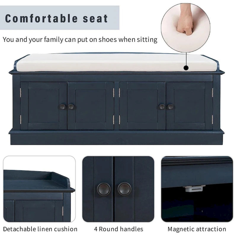 42.70 Banc de rangement rembourré polyvalent et moderne pour entrée avec 4 portes, étagères réglables et range-chaussures
