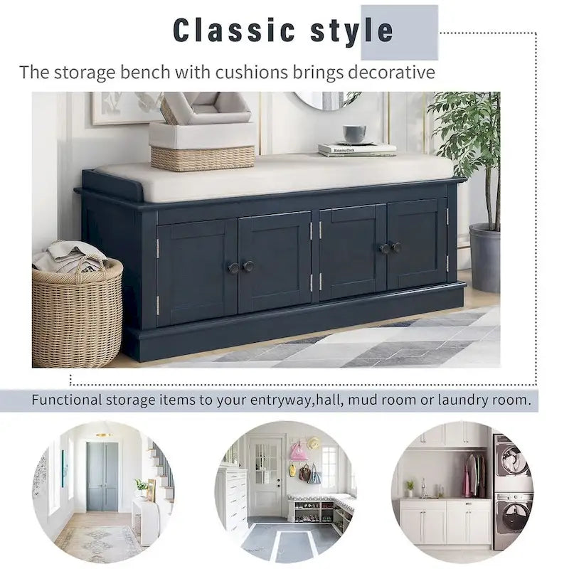 42.70 Banc de rangement rembourré polyvalent et moderne pour entrée avec 4 portes, étagères réglables et range-chaussures