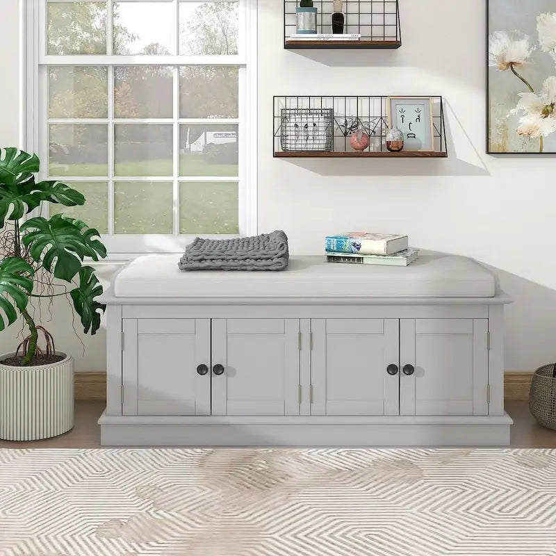 42.70 Banc de rangement rembourré polyvalent et moderne pour entrée avec 4 portes, étagères réglables et range-chaussures