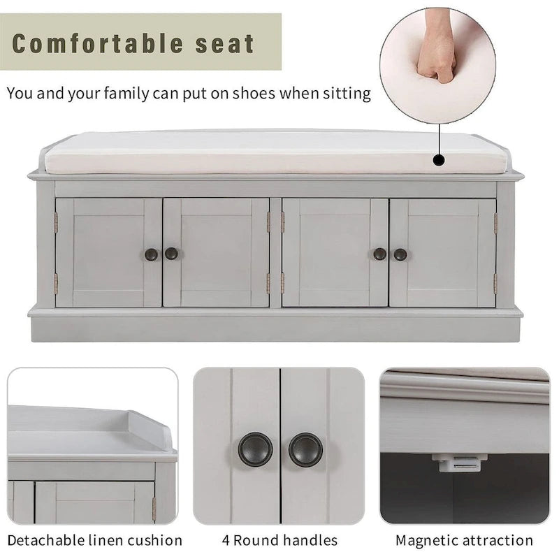 42.70 Banc de rangement rembourré polyvalent et moderne pour entrée avec 4 portes, étagères réglables et range-chaussures
