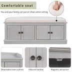 42.70 Banc de rangement rembourré polyvalent et moderne pour entrée avec 4 portes, étagères réglables et range-chaussures