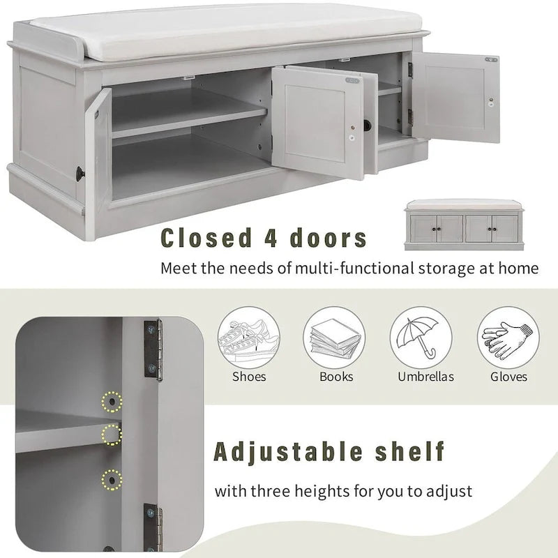 42.70 Banc de rangement rembourré polyvalent et moderne pour entrée avec 4 portes, étagères réglables et range-chaussures