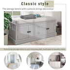 42.70 Banc de rangement rembourré polyvalent et moderne pour entrée avec 4 portes, étagères réglables et range-chaussures