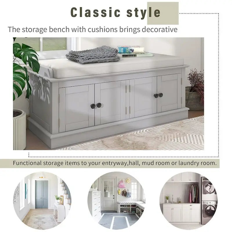 42.70 Banc de rangement rembourré polyvalent et moderne pour entrée avec 4 portes, étagères réglables et range-chaussures