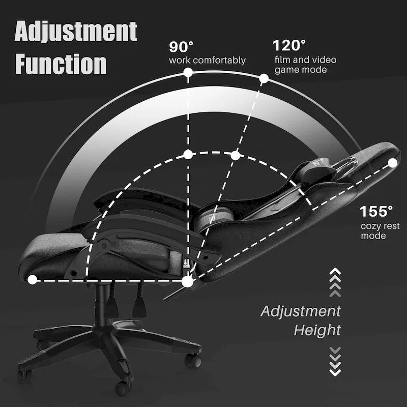 Fauteuil de jeu ergonomique inclinable avec dossier haut, pivotant, roulant, avec appuie-tête et support lombaire