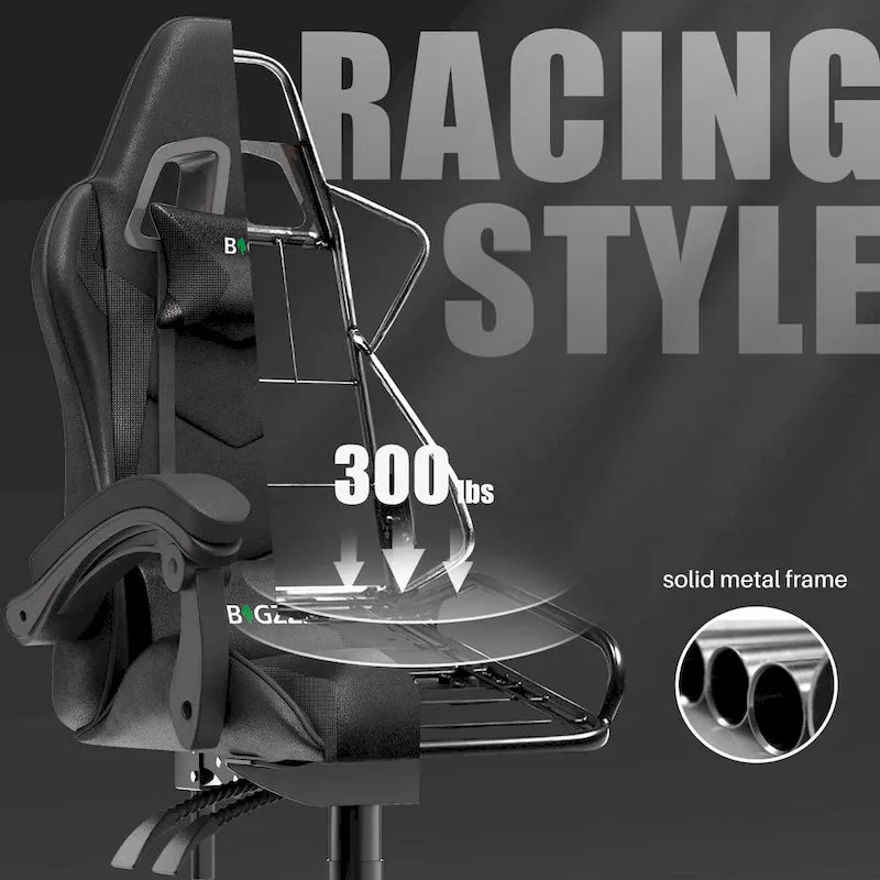Fauteuil de jeu ergonomique inclinable avec dossier haut, pivotant, roulant, avec appuie-tête et support lombaire