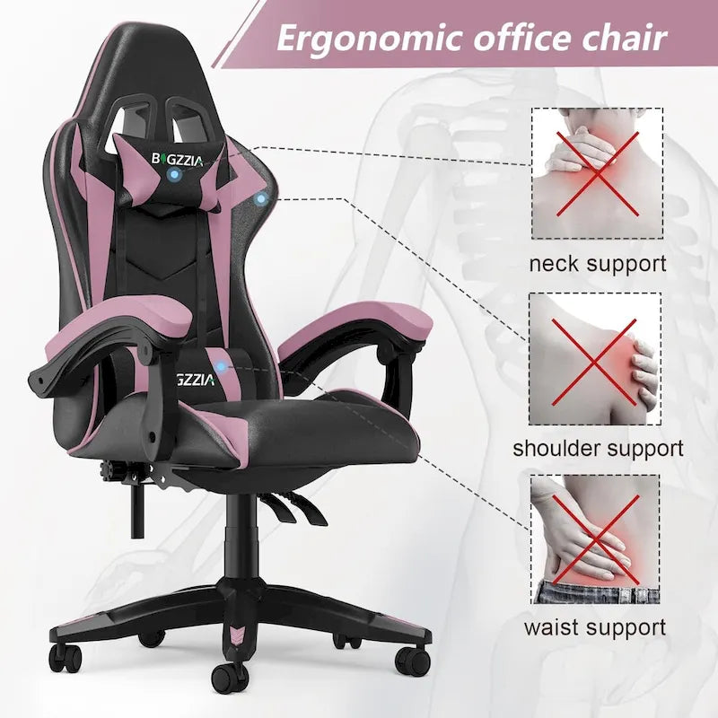 Fauteuil de jeu ergonomique inclinable avec dossier haut, pivotant, roulant, avec appuie-tête et support lombaire