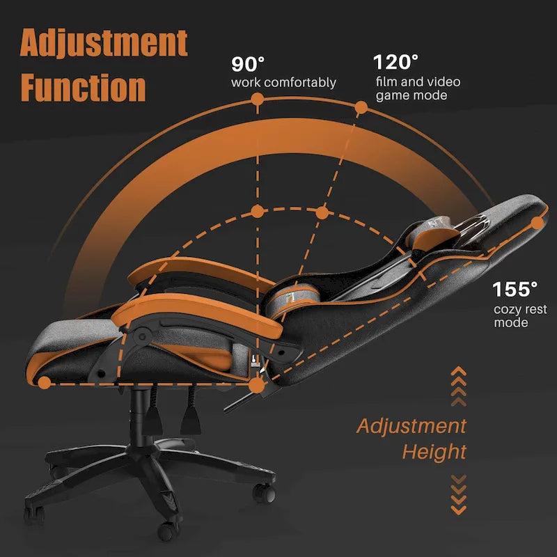 Fauteuil de jeu ergonomique inclinable avec dossier haut, pivotant, roulant, avec appuie-tête et support lombaire