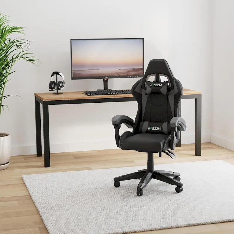 Fauteuil de jeu ergonomique inclinable avec dossier haut, pivotant, roulant, avec appuie-tête et support lombaire