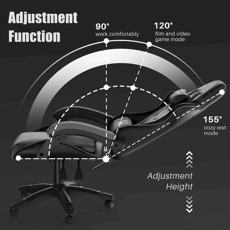 Fauteuil de jeu ergonomique inclinable avec dossier haut, pivotant, roulant, avec appuie-tête et support lombaire