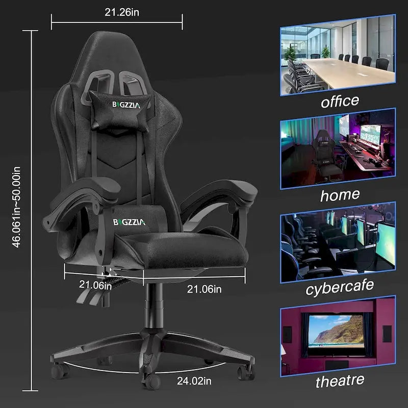 Fauteuil de jeu ergonomique inclinable avec dossier haut, pivotant, roulant, avec appuie-tête et support lombaire