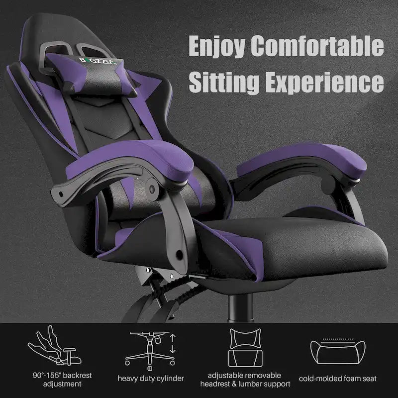 Fauteuil de jeu ergonomique inclinable avec dossier haut, pivotant, roulant, avec appuie-tête et support lombaire