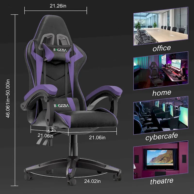Fauteuil de jeu ergonomique inclinable avec dossier haut, pivotant, roulant, avec appuie-tête et support lombaire