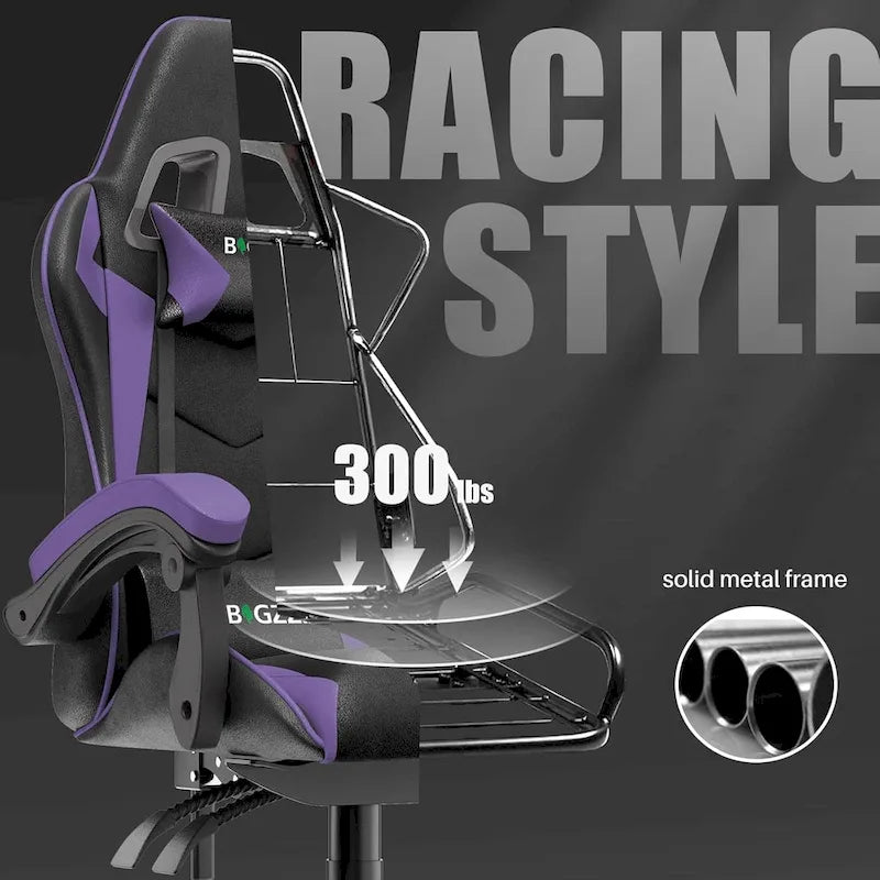 Fauteuil de jeu ergonomique inclinable avec dossier haut, pivotant, roulant, avec appuie-tête et support lombaire