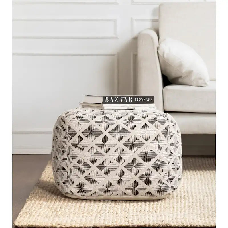 Pouf ottoman carré noir et ivoire de 50 cm – Repose-pieds fait main pour salon, chambre, chambre de bébé