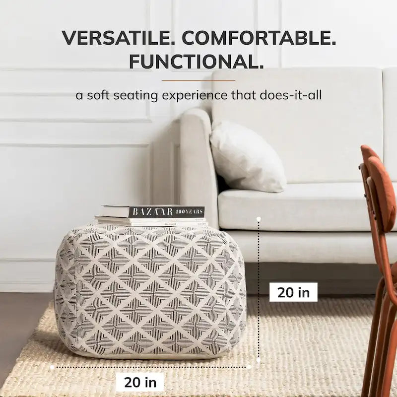 Pouf ottoman carré noir et ivoire de 50 cm – Repose-pieds fait main pour salon, chambre, chambre de bébé