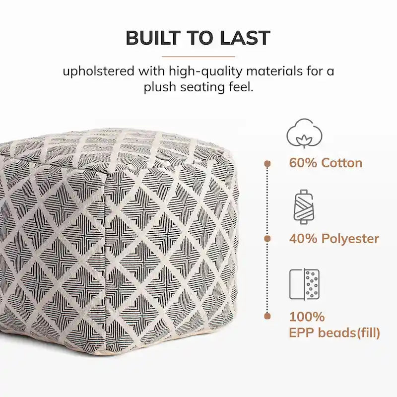 Pouf ottoman carré noir et ivoire de 50 cm – Repose-pieds fait main pour salon, chambre, chambre de bébé