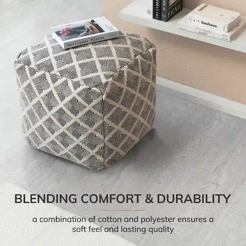 Pouf ottoman carré noir et ivoire de 50 cm – Repose-pieds fait main pour salon, chambre, chambre de bébé