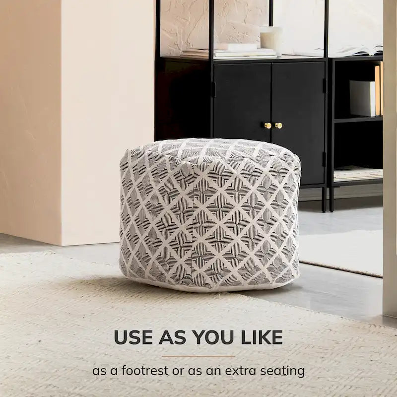 Pouf ottoman carré noir et ivoire de 50 cm – Repose-pieds fait main pour salon, chambre, chambre de bébé
