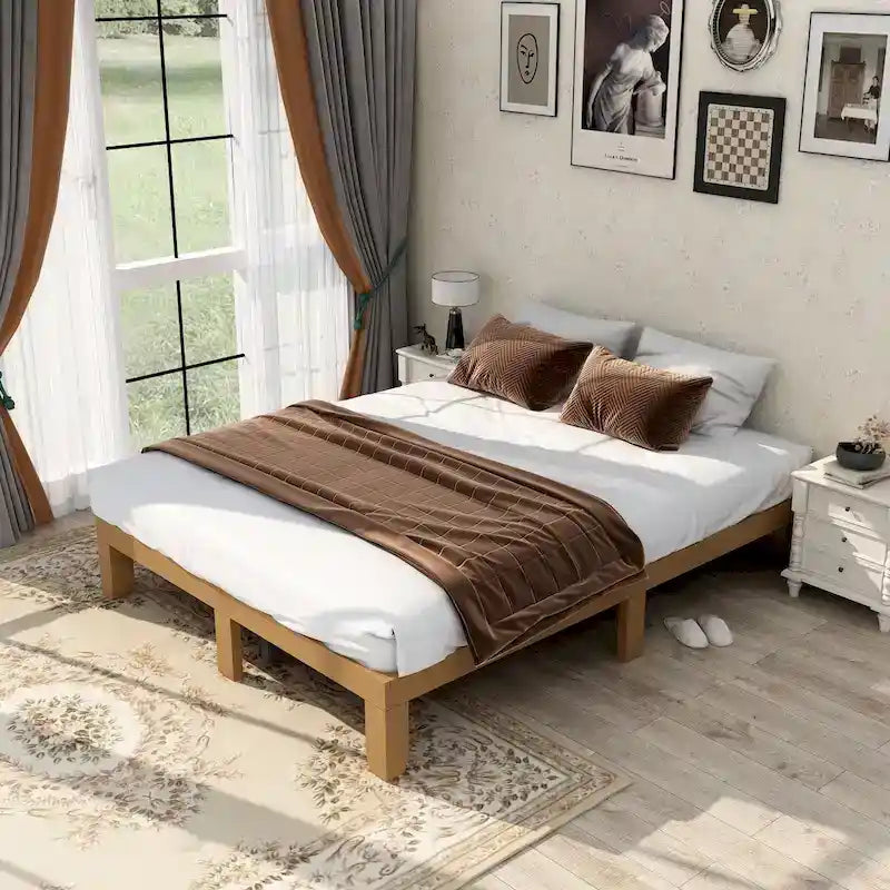 Cadre de lit en bois plateforme queen size, pas besoin de sommier tapissier, support à lattes solide.,PasBesoinDeSommier,SupportLattesRenforcé