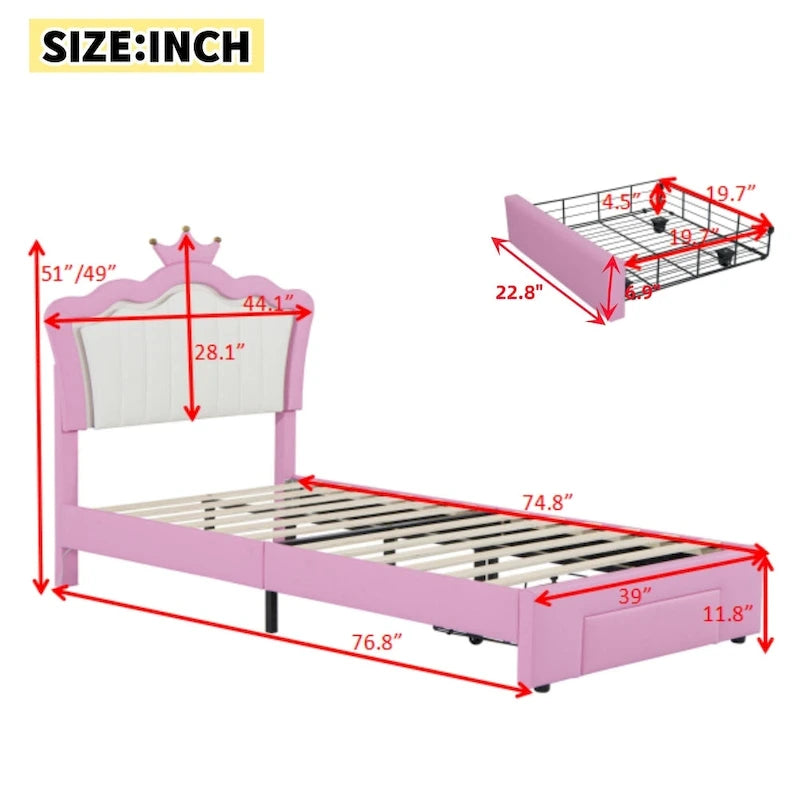 Cadre de lit double rembourré avec lumières LED, lit de princesse moderne rembourré avec tête de lit en forme de couronne, un tiroir, rose+blanc