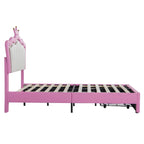 Cadre de lit double rembourré avec lumières LED, lit de princesse moderne rembourré avec tête de lit en forme de couronne, un tiroir, rose+blanc
