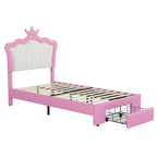 Cadre de lit double rembourré avec lumières LED, lit de princesse moderne rembourré avec tête de lit en forme de couronne, un tiroir, rose+blanc